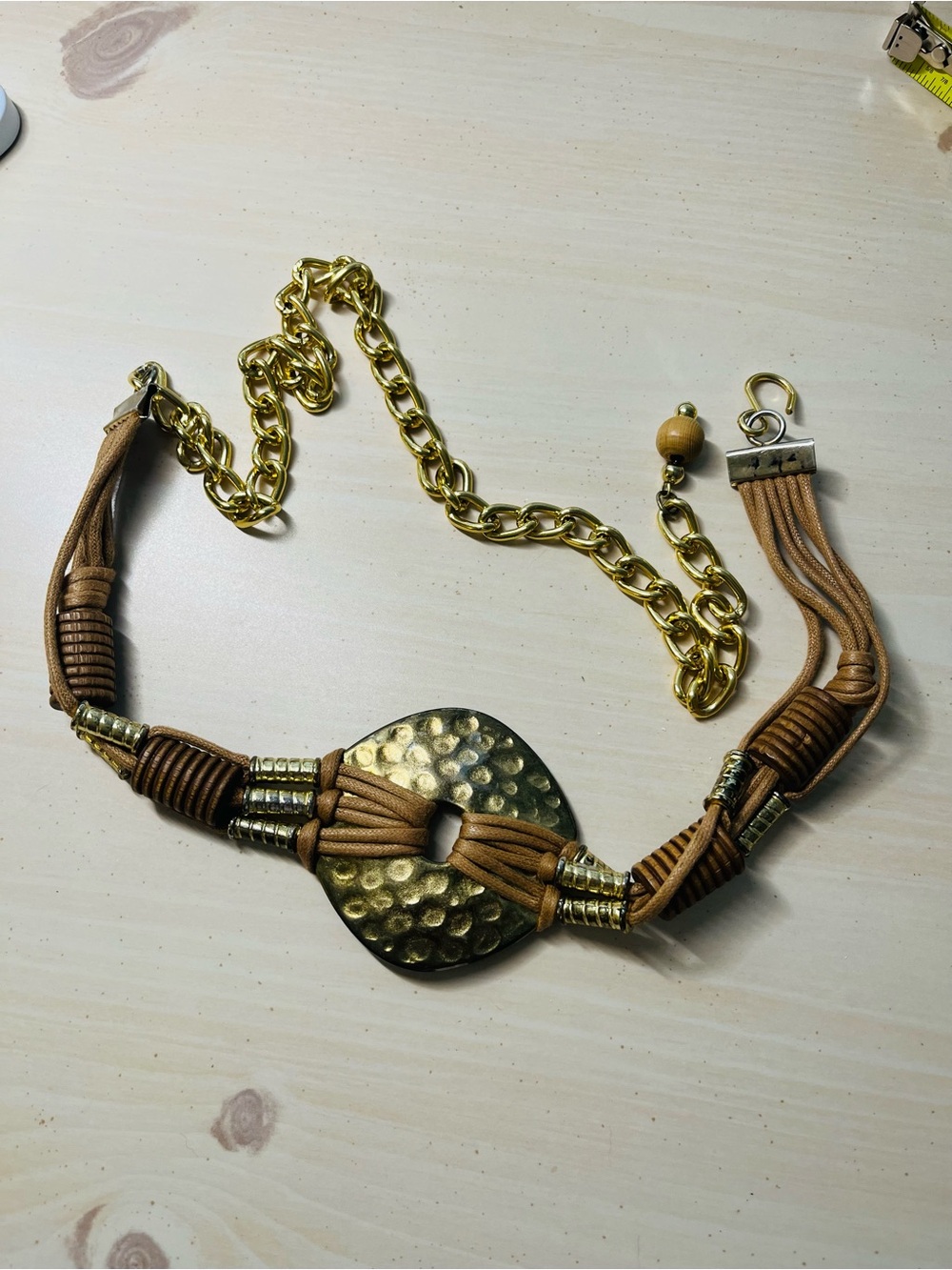 Gold-Tone Hammered Disk Brown Cord Belt